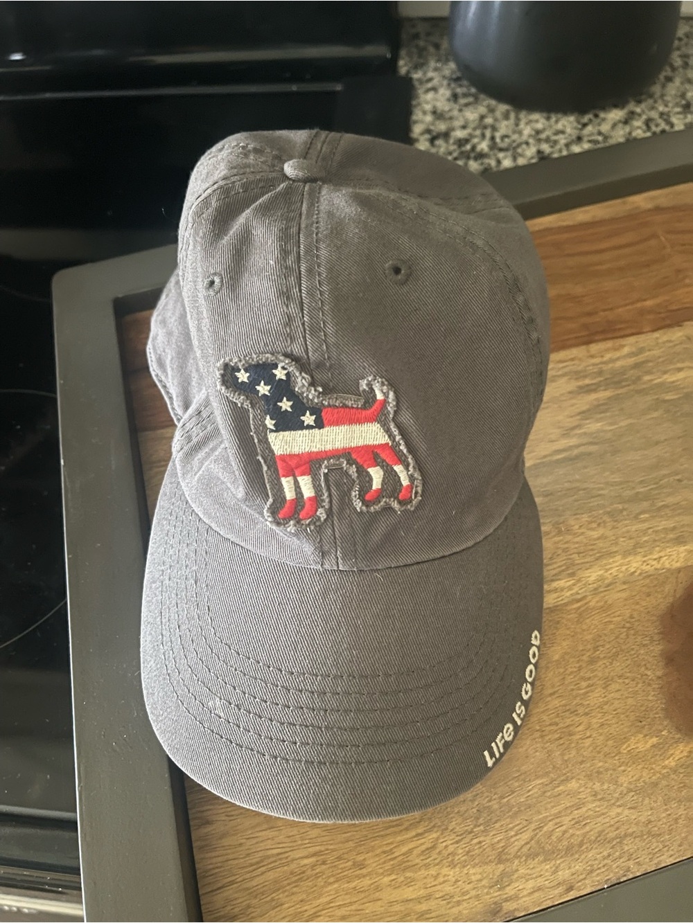 Life Is Good Charcoal Baseball Cap with American Flag Dog Patch